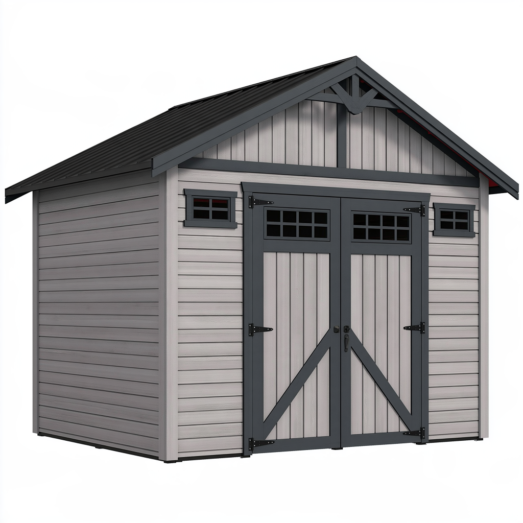 Abri de jardin 300 x 240 x 250 cm en résine gris clair anthracite avec double porte et toit incliné