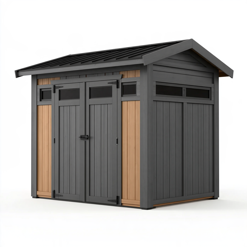 Abri de jardin 240 x 180 x 220 cm en bois gris et naturel avec double porte et fenêtres