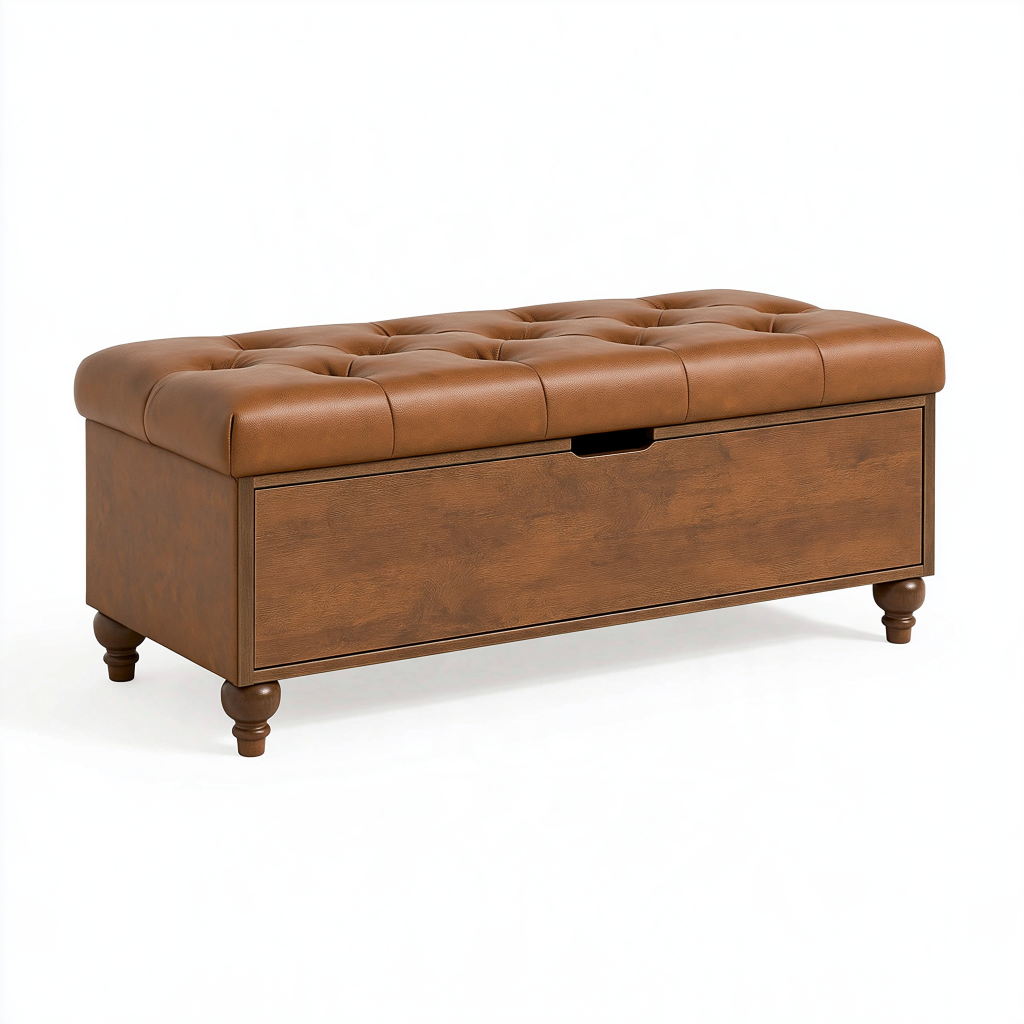 Banc coffre 120 x 45 x 50 cm en bois brun avec assise capitonnée aspect cuir