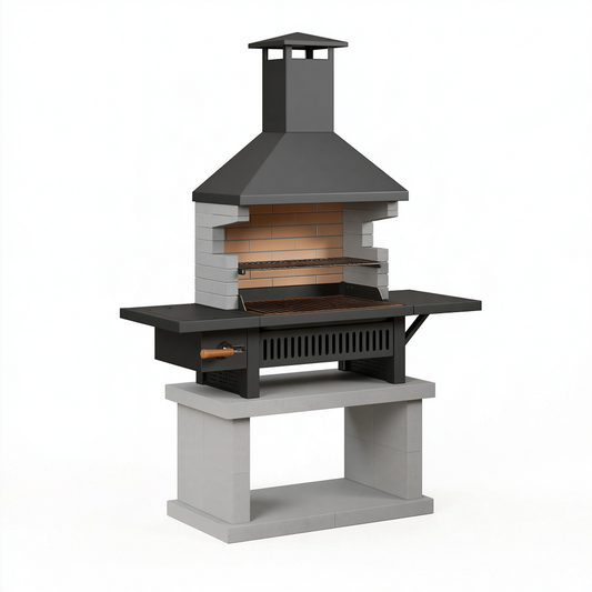 Barbecue de jardin 160 x 80 x 220 cm en acier noir et béton avec hotte