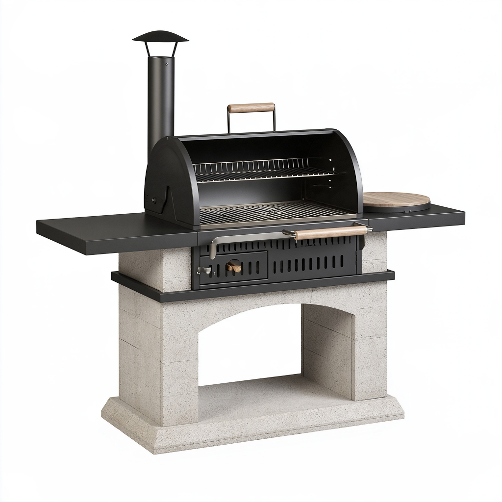 Barbecue fixe 180 cm en acier noir et pierre avec cheminée pour jardin