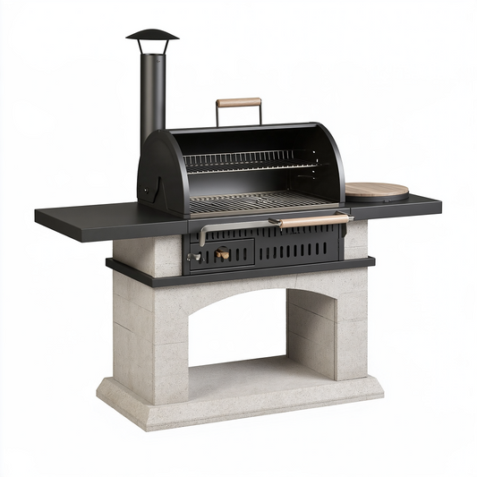 Barbecue fixe 180 cm en acier noir et pierre avec cheminée pour jardin