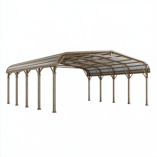 Abri voiture double 600 x 600 x 280 cm en acier brun avec toit en polycarbonate