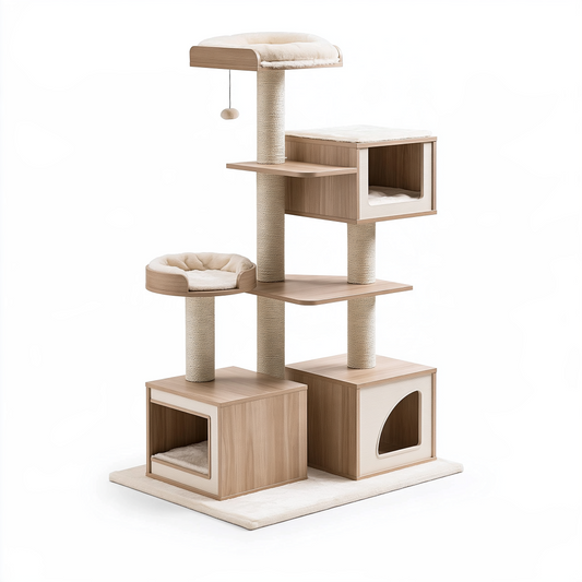Arbre à chat 60 x 60 x 170 cm en bois beige avec poteaux en sisal et niches