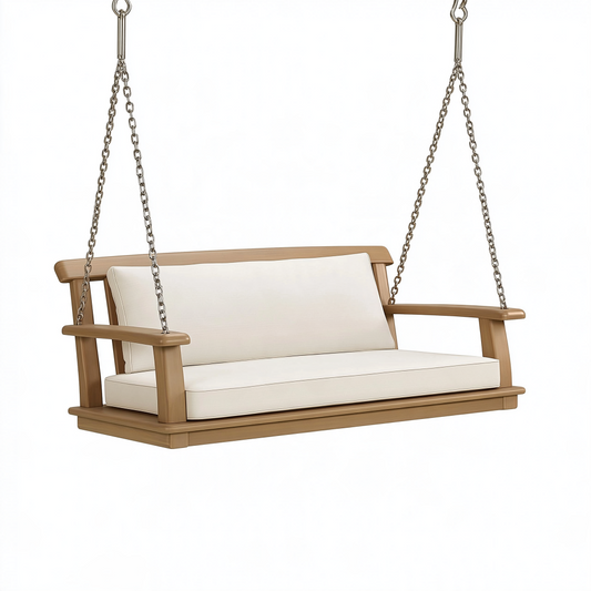 Balancelle de jardin 150 cm en bois beige avec chaînes métalliques style contemporain